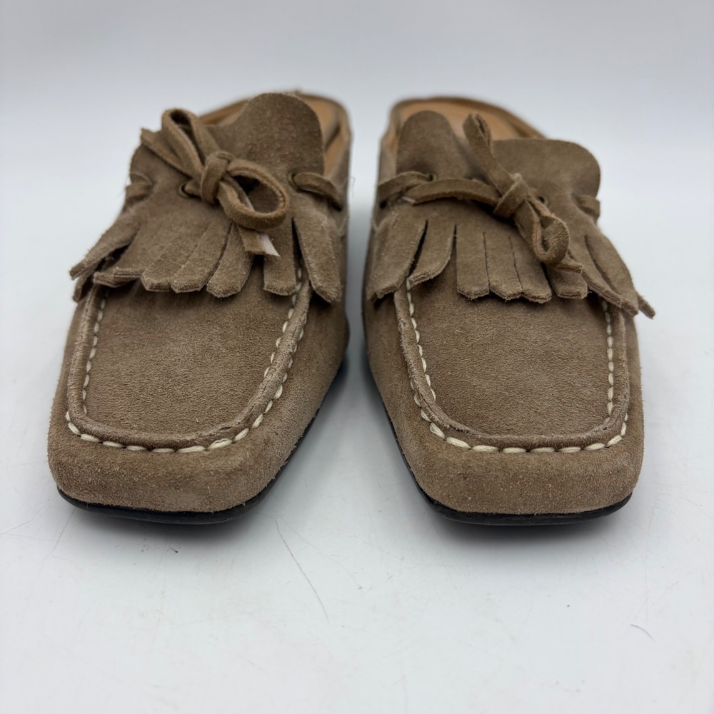 Franco Sarto Tan Kitten Heel Mules Tan Suede Fringe 8.5M Boho Western Slip On - Picture 9 of 11